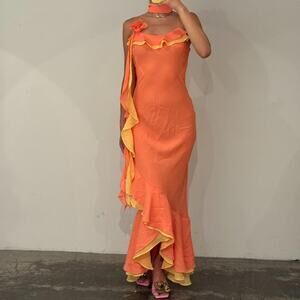 Vintage Orange and Yellow Pink Ruffled Maxi Dress with Scarf M